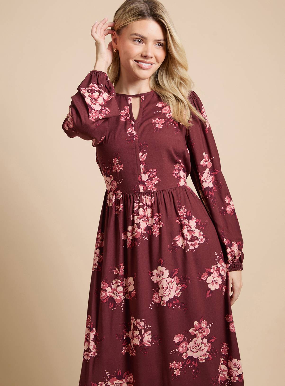 DOROTHY PERKINS Berry Floral Blouson Sleeve Printed Keyhole Midi Dress 14 - Image 2
